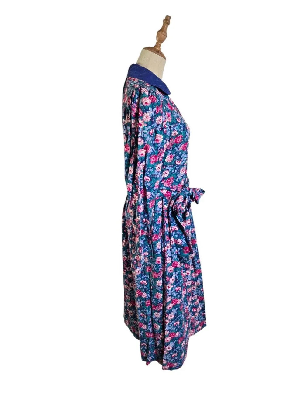 Laura Ashley Vintage Blue Floral Long Sleeve Midi Dress with Corduroy Collar